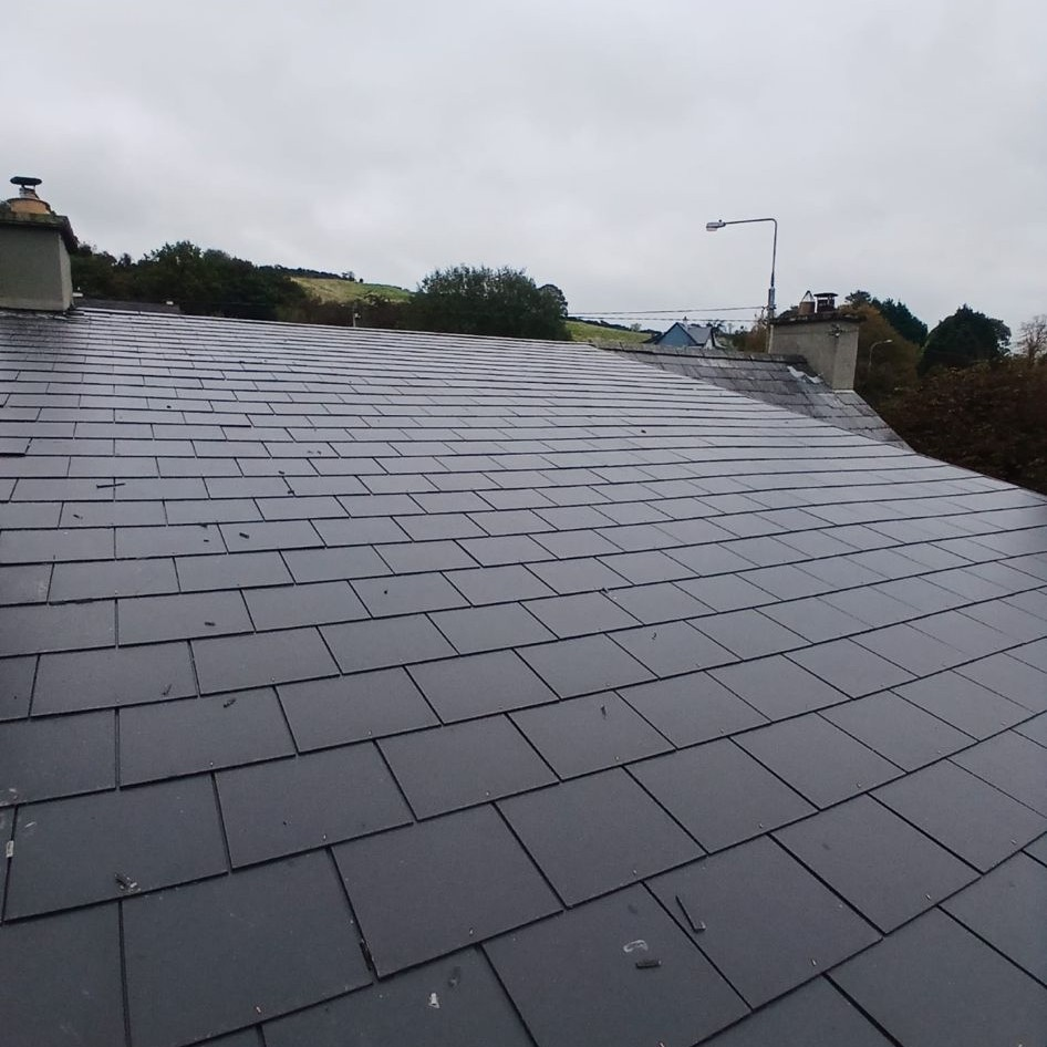 Close-up view across a newly finished slate roof