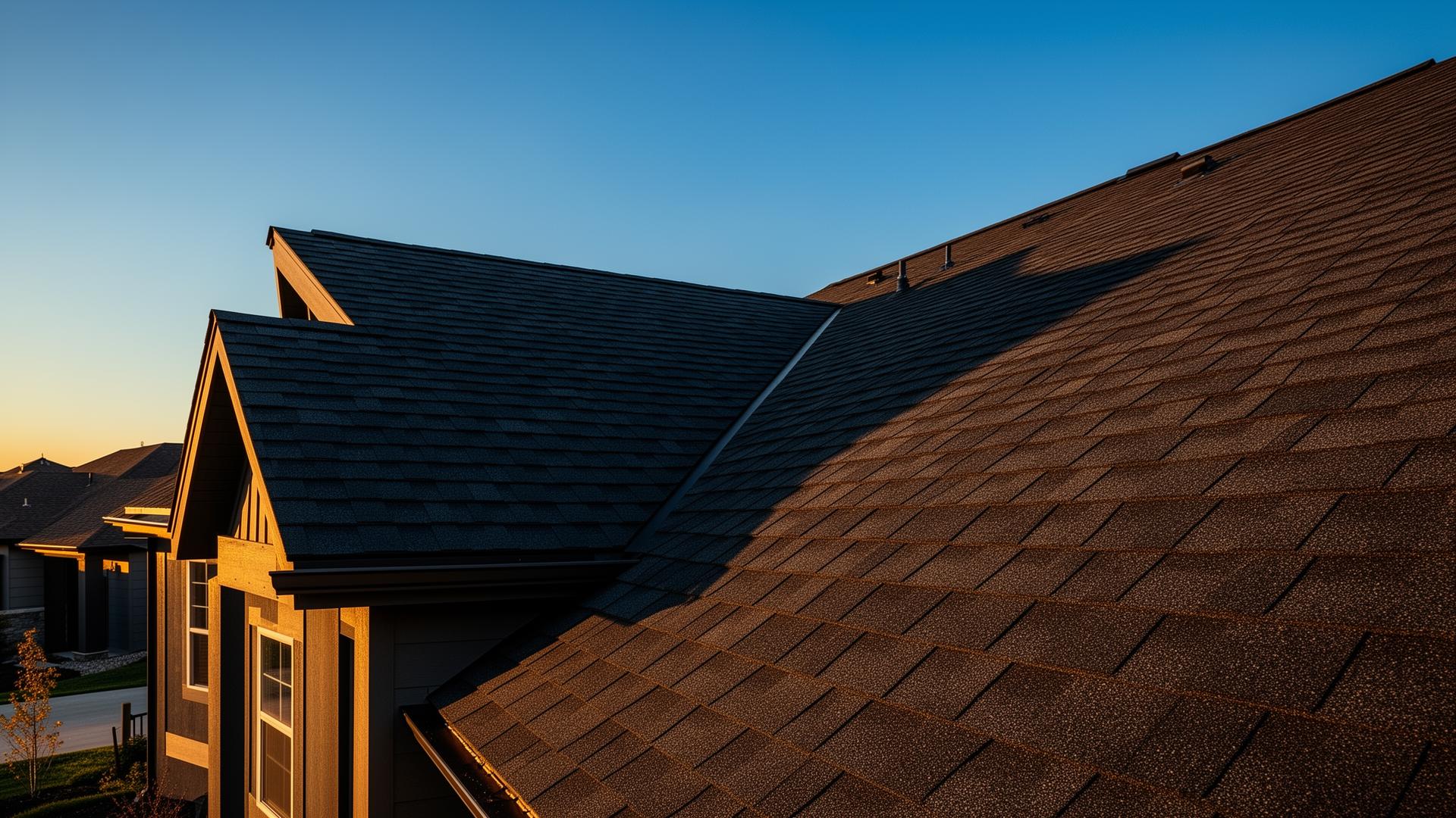 Newly installed architectural shingle roof at golden hour